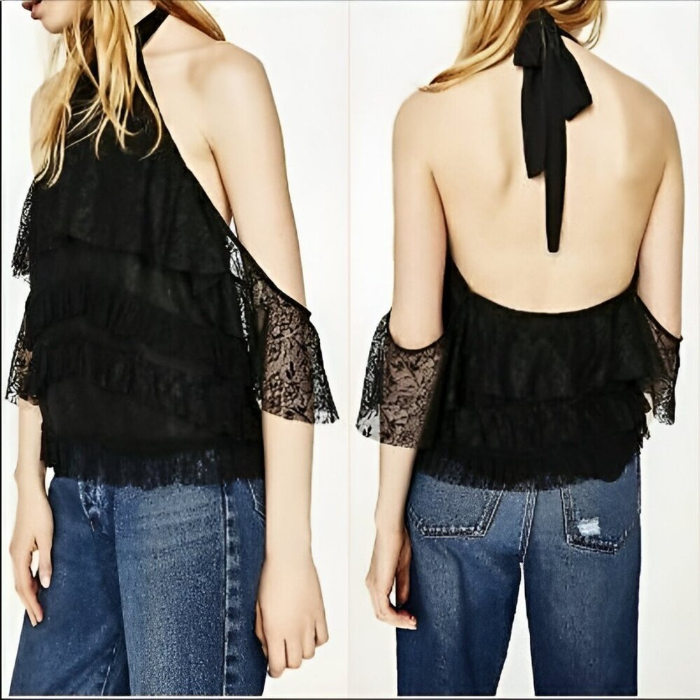Zara Black Lace Dolman Batwing Holiday Goth Christmas Party Dress Halter Top S